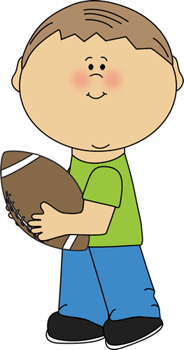Smiling cartoon boy holding an American football, wearing green shirt and blue pants.