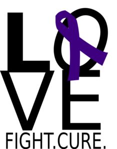Purple awareness ribbon intertwined with the word "LOVE", above "FIGHT.CURE." - symbolizing support and advocacy for a health cause.