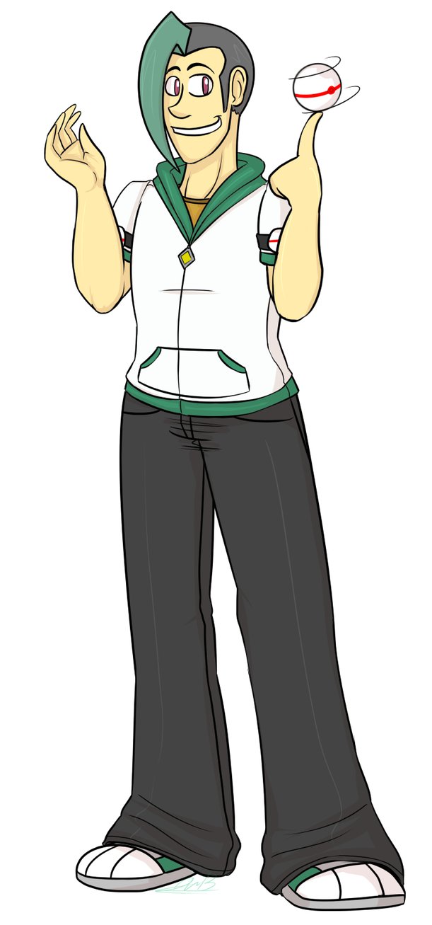 A cheerful anime-style trainer with green-and-gray hair holds a spinning Poké Ball, wearing a white hoodie with green trim and black pants.