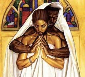 A Black couple in a tender embrace under a white veil, with stained-glass windows in the background, evoking sacred union and devotion.