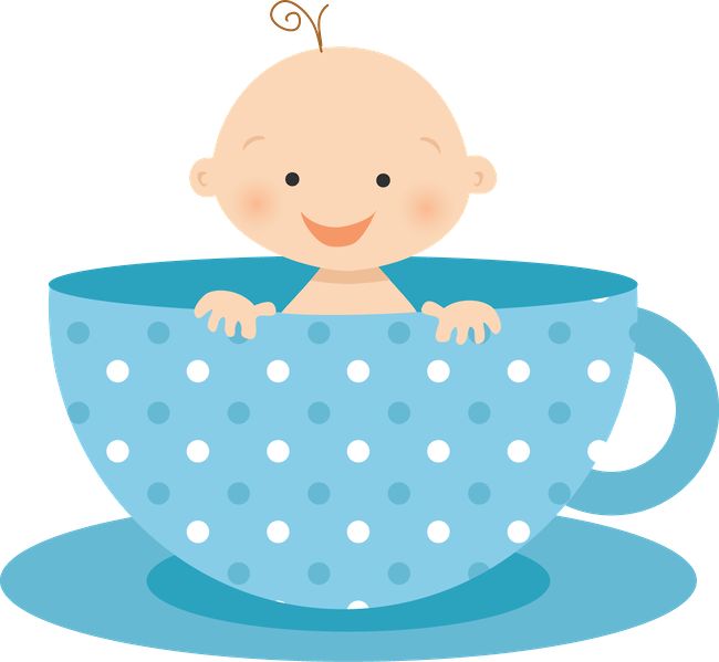 Smiling baby peeking out of a blue polka-dotted teacup on a saucer.