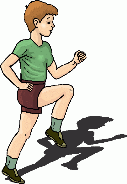 Young boy jogging in green shirt and brown shorts, casting a shadow on white background.