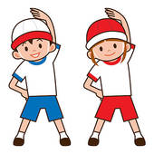 Two smiling children in sportswear and Santa hats stretching arms overhead, celebrating holiday fitness.