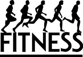 Five black silhouettes of runners in motion above the bold word "FITNESS" on white background.