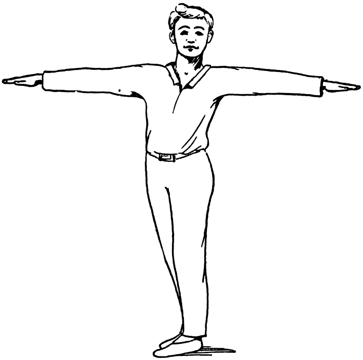 Man performing a T-pose with arms extended horizontally, wearing casual attire and standing upright.