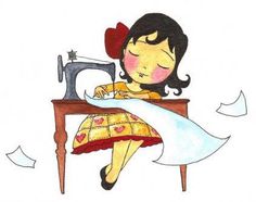 A smiling girl with a red bow sews fabric on a vintage sewing machine, surrounded by scattered paper scraps.