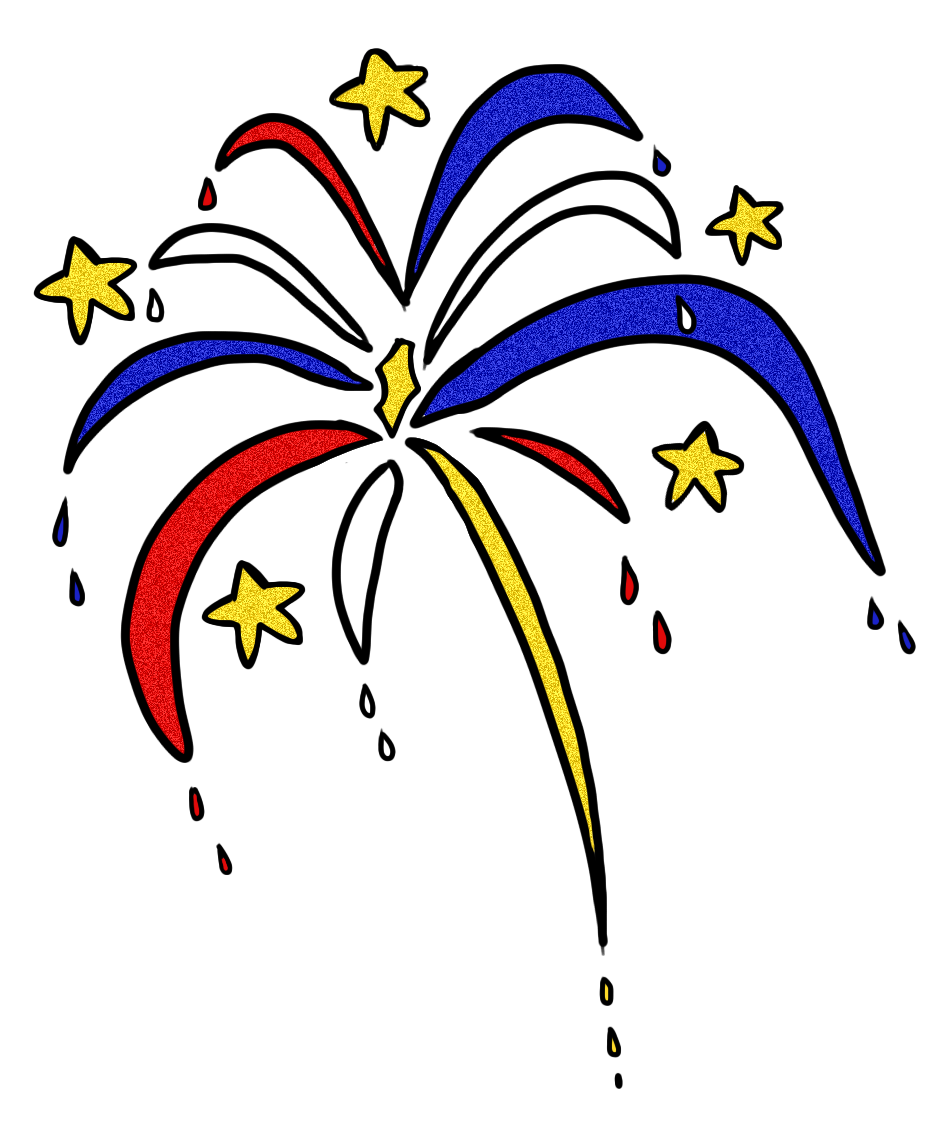 Colorful red, white, and blue fireworks with golden stars bursting against a black night sky.
