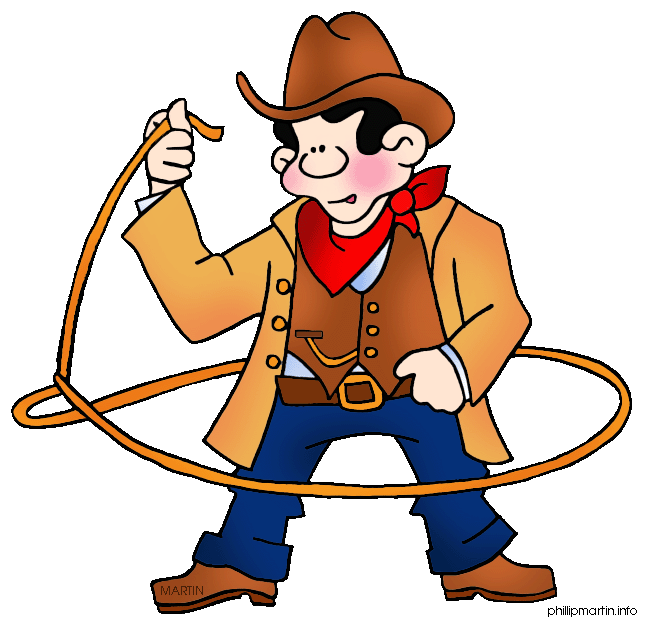 Cartoon cowboy in brown hat and vest swinging a lasso with a cheerful expression.