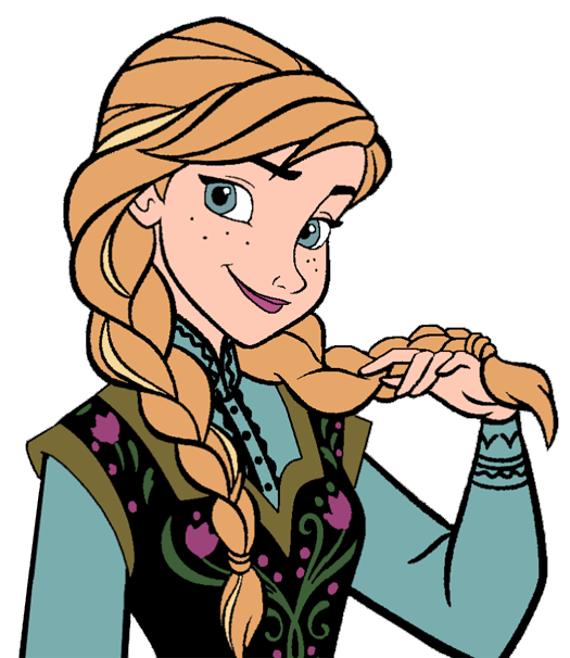 Anna from Frozen smiling while playfully holding her long braided hair, wearing her signature teal and black dress with floral embroidery.