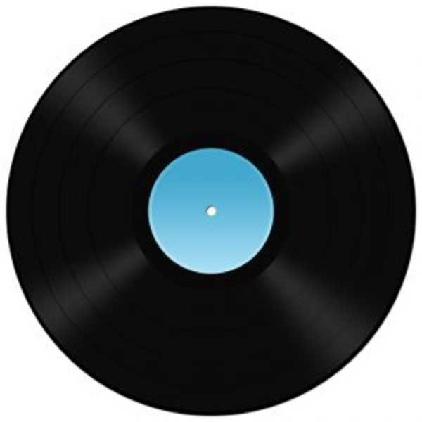Black vinyl record with a light blue center label on white background