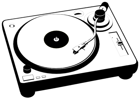 Black-and-white line drawing of a classic turntable with tonearm, platter, and control knobs.