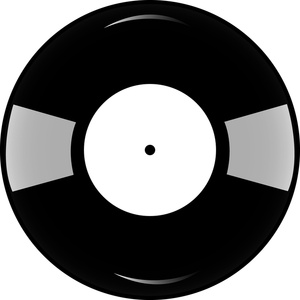 Black vinyl record with white label and gray sleeve cutouts, glossy surface reflecting light.