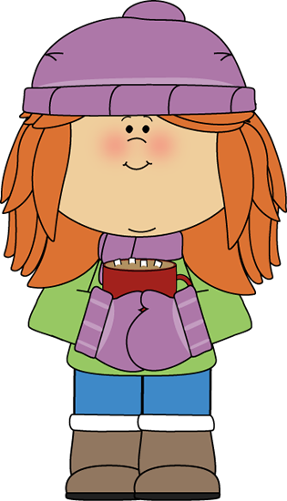 Cartoon girl in winter clothes holding a hot cocoa mug with marshmallows.
