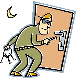 A cartoon burglar in a green outfit and yellow cap picks a door lock under a crescent moon at night.