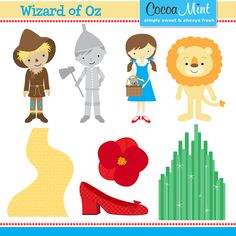 Wizard of Oz clipart featuring Dorothy, Scarecrow, Tin Man, Cowardly Lion, yellow brick road, ruby slippers, poppy flower, and Emerald City.