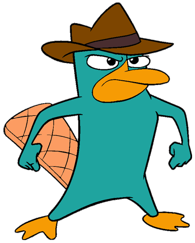 Perry the Platypus in a brown fedora, standing confidently with arms akimbo and tail behind him.