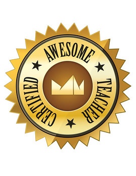 Golden "Certified Awesome Teacher" badge with crown and starburst design.