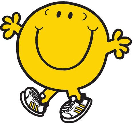 Mr. Happy, the cheerful yellow character from the Mr. Men series, waving with both hands and wearing sneakers.