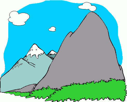 Colorful cartoon-style mountain landscape with snow-capped peaks, green foreground, and blue sky with clouds.