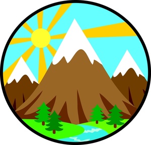 Circular illustration of snow-capped mountains, sunburst, pine trees, and a river under a blue sky.