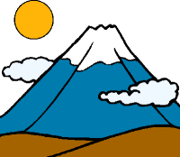 Stylized illustration of Mount Fuji with snow-capped peak, blue slopes, golden sun, and white clouds against a white background.