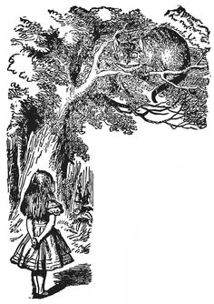 Alice gazes up at the Cheshire Cat grinning from a tree branch in a whimsical forest scene.