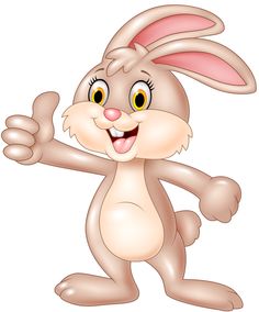 Cheerful cartoon bunny with pink ears giving a thumbs-up gesture against white background.