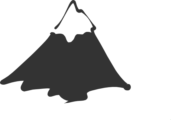Silhouette of a snow-capped mountain with rugged peaks and dark base against white background.