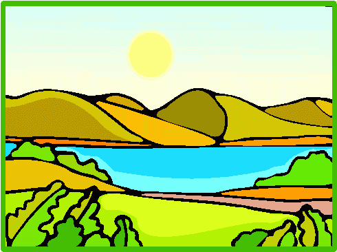 Serene Cartoon Landscape with Lake and Rolling Hills - Free Illustration