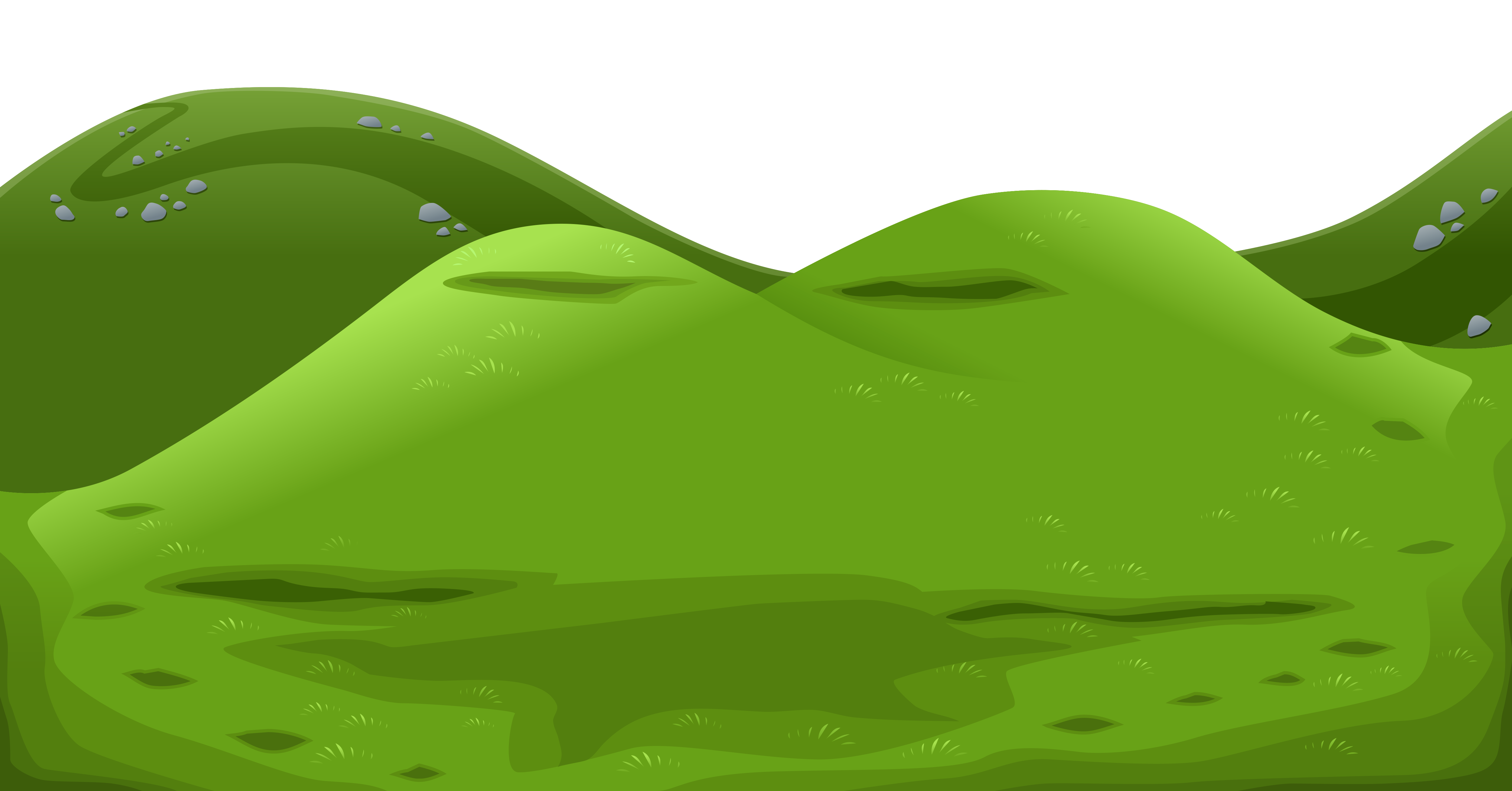 Rolling green hills with scattered rocks and grass patches in a cartoon-style landscape illustration.