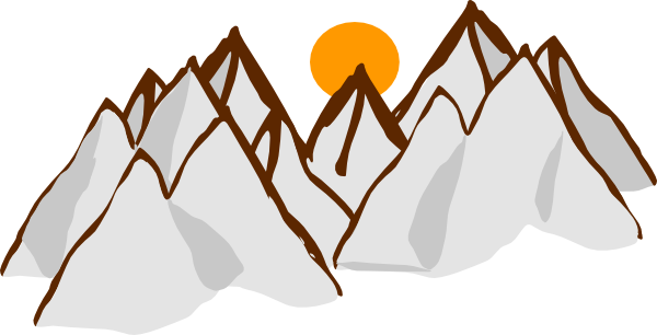 Snow-capped mountain peaks with a bright orange sun rising or setting behind them, stylized illustration.