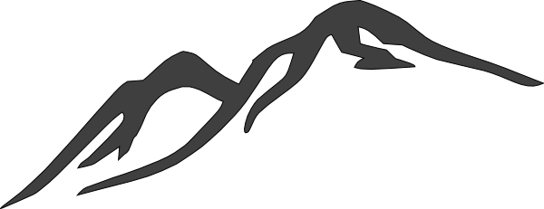 Stylized black silhouette of a rugged mountain range against a white background.