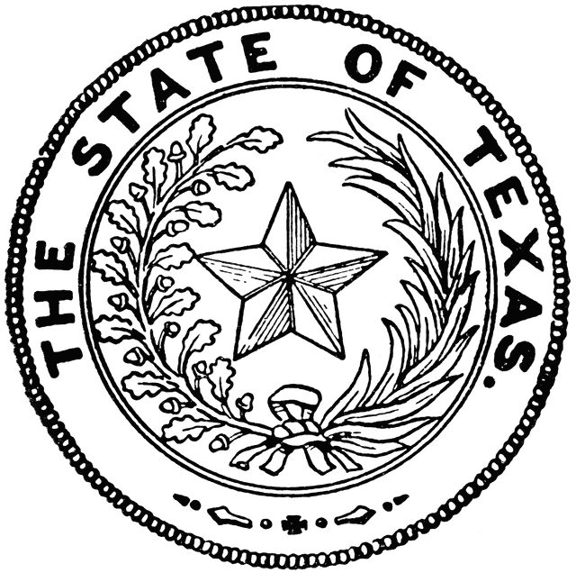 Official black-and-white line drawing of the Great Seal of the State of Texas, featuring a central star, oak and laurel branches, and encircling text.