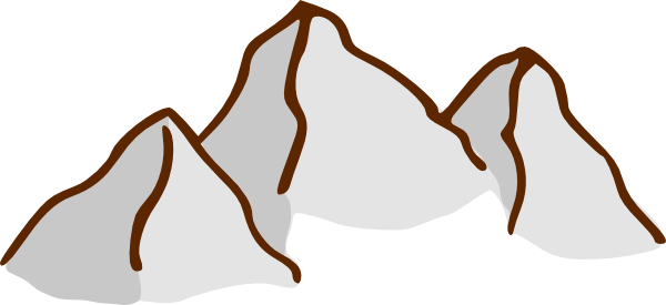 Simple hand-drawn illustration of three gray mountain peaks with brown outlines.