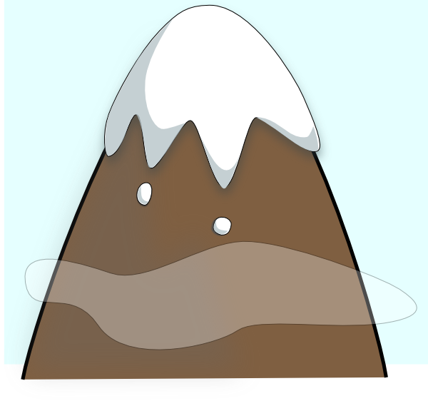 Illustrated snow-capped mountain with brown slopes, white snowcap, and subtle cloud layer against a light blue sky.