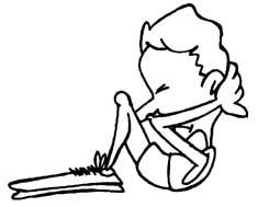 A cartoon-style sketch of a person sitting cross-legged, reading a book with focused expression.