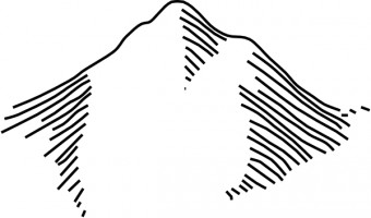 Hand-drawn black-and-white sketch of a rugged mountain peak with hatched shading indicating slope and texture.