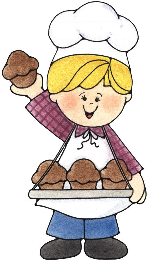 Happy child chef in white hat holding a tray of chocolate muffins and waving one in the air.