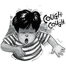 A cartoon boy in a striped shirt coughing forcefully with "COUGH COUGH" text beside him.