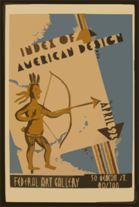 Vintage poster featuring a Native American archer aiming an arrow, with "Index of American Design" text and gallery details.