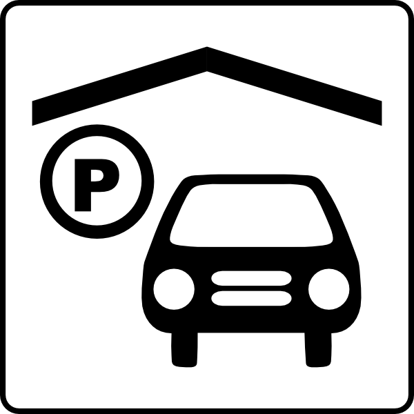 Black-and-white icon showing a car parked under a roof with a "P" parking symbol.