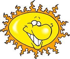 Cheerful yellow cartoon sun with a wide smile, expressive eyes, and orange flame-like rays.