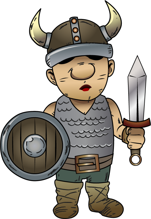 Cartoon Viking warrior with horned helmet, chainmail, shield, and sword, eyes closed in determination.