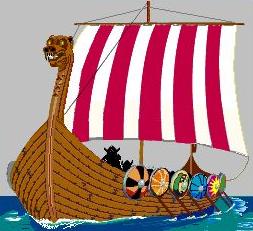 Viking longship with dragon-headed prow, red-and-white striped sail, and colorful shields along the hull sailing on blue water.