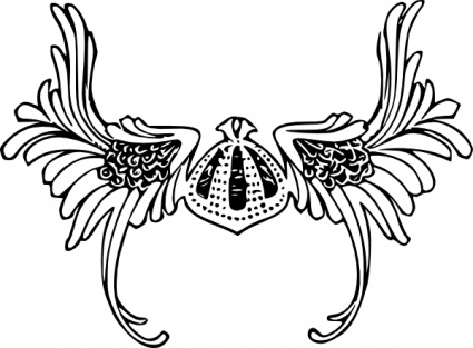 Symmetrical black-and-white ornamental design with wing-like flourishes and a central dotted motif, evoking Art Nouveau style.