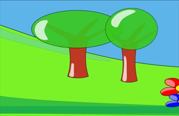 Two stylized green trees with red trunks on a grassy hill beside a colorful flower under a blue sky.