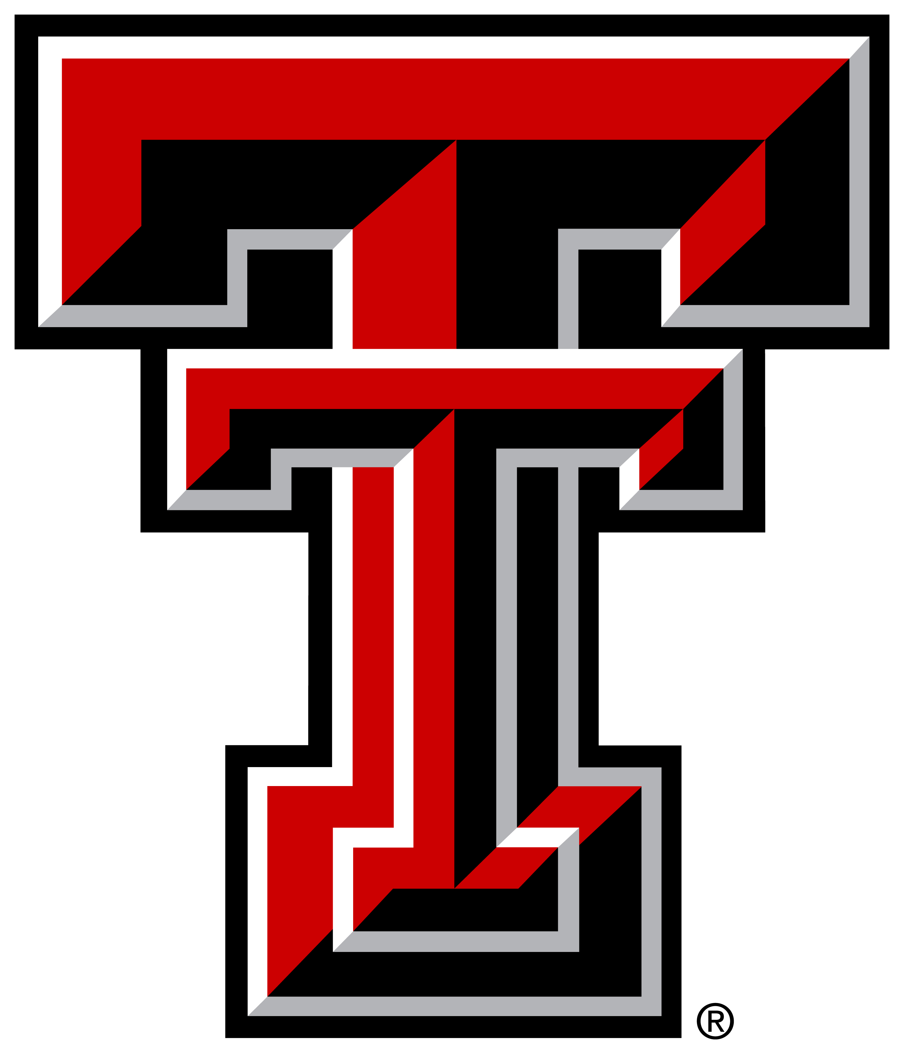 Texas Tech University double "T" logo in red, black, white, and gray with 3D effect and registered trademark symbol.