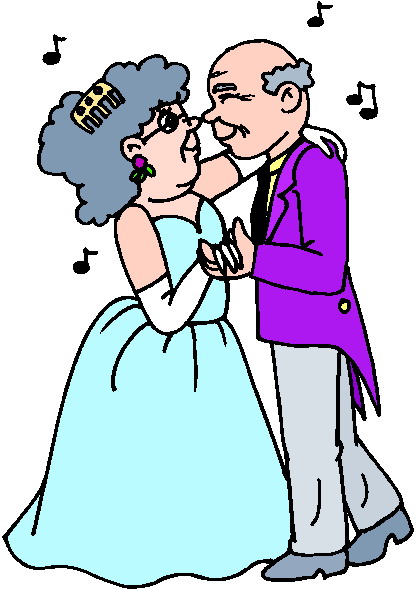Elderly couple dancing joyfully at a formal event, surrounded by musical notes.