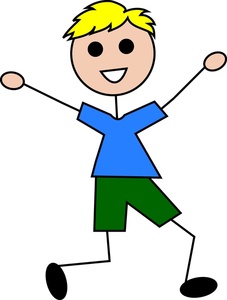 Happy stick figure boy with blond hair, blue shirt, green shorts, arms raised in joy.