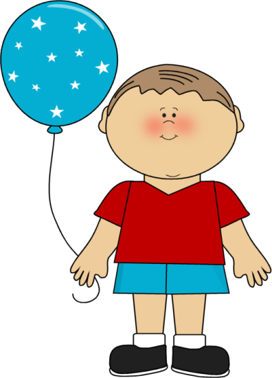 A smiling cartoon boy in a red shirt and blue shorts holding a blue star-patterned balloon.